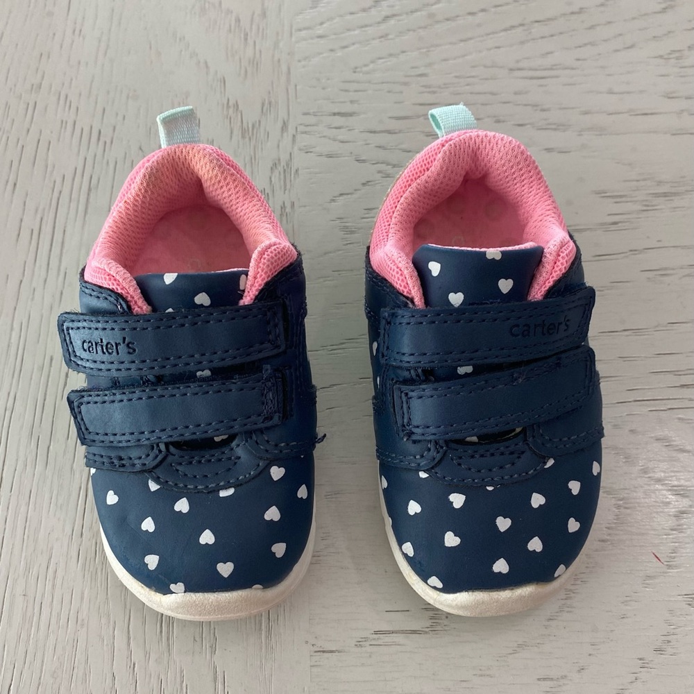 Carter's Infant Baby Navy Blue Heart Slip-on Sneakers Pink Lining Mint Stripe 4